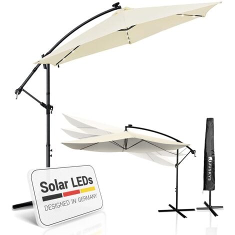 Juskys Ampelschirm Brazil 300 cm grau / creme – mit LED-Beleuchtung Solar & Kurbel – UV-Schutz wasserabweisend knickbar – Sonnenschirm Marktschirm