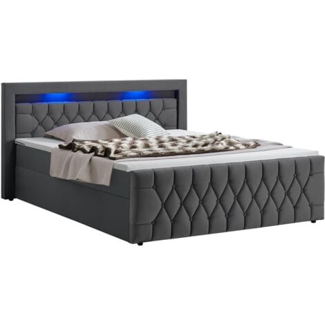 Juskys Boxspringbett Leona 140x200 cm - Bett mit LED Beleuchtung, Topper & H4 Federkern Matratzen - Einzelbett Grau mit Samt und Steppung