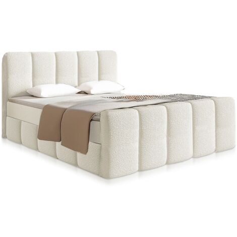 Juskys Boxspringbett Manitoba - Bouclé-Stoff, Gepolstertes Kopfteil mit Steppung & Stabile Konstruktion,Topper inklusive - Creme