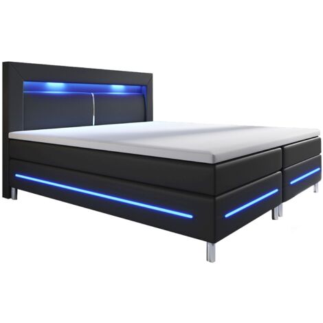 Juskys Boxspringbett Norfolk – LED Beleuchtung, Bonell-Matratzen, Topper & Kunstleder – 66 cm Komforthöhe – Bett Doppelbett 200 x 200 cm – schwarz