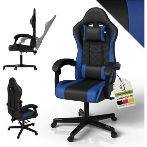 Juskys Gamingstuhl HyperSeat, höhenverstellbar, drehbarer Bürostuhl, ergonomisch, verstellbare Rückenlehne, PVC-Kunstleder, belastbar 120 kg – Schwarz/blau