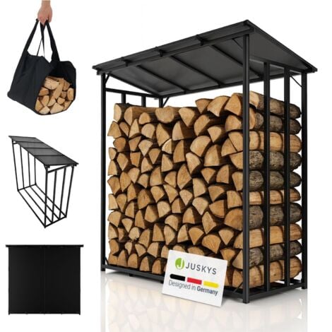 Juskys Kaminholzregal mit Dach - robust aus Metall, UV-beständige Plane, erhöhter Boden für gute Luftzirkulation, Outdoor-Lagerung
