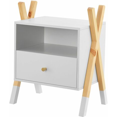 Juskys Kinder Nachttisch Jamie - mit Schublade, Ablage & offenem Fach - kleiner Nachtschrank aus Holz - Nachtkästchen klein - Kommode Weiß Natur