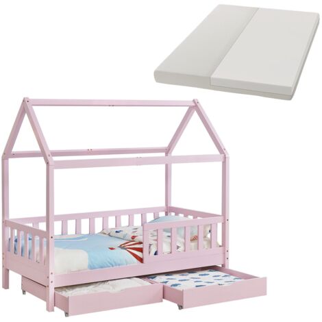 Juskys Kinderbett Marli 80 x 160 cm mit Matratze, Bettkasten, Rausfallschutz, Lattenrost & Dach - Massivholz Hausbett für Kinder - Bett in Rosa