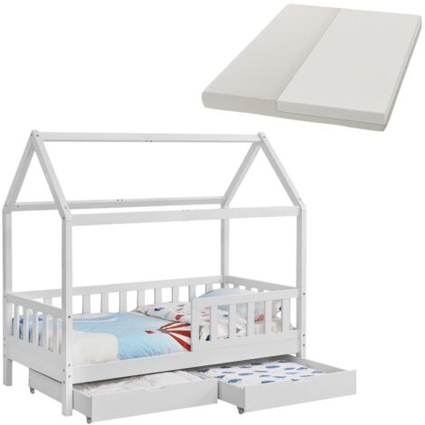 Juskys Kinderbett Marli 80 x 160 cm mit Matratze, Bettkasten, Rausfallschutz, Lattenrost & Dach - Massivholz Hausbett für Kinder - Bett in Weiß