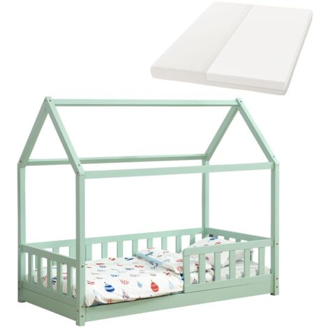 Juskys Kinderbett Marli 80 x 160 cm mit Matratze, Rausfallschutz, Lattenrost & Dach - Massivholz Hausbett für Kinder - Bett in Mint