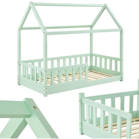 Juskys Kinderbett Marli 80 x 160 cm mit Rausfallschutz, Lattenrost und Dach - Hausbett für Kinder aus Massivholz - Bett in 4 Farben