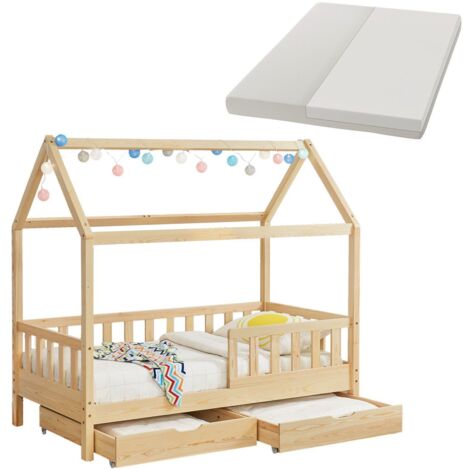 Juskys Kinderbett Marli 90 x 200 cm mit Matratze, Bettkasten, Rausfallschutz, Lattenrost & Dach - Massivholz Hausbett für Kinder - Bett in Natur