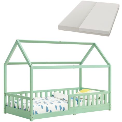 Juskys Kinderbett Marli 90 x 200 cm mit Matratze, Rausfallschutz, Lattenrost & Dach - Massivholz Hausbett für Kinder - Bett in Mint