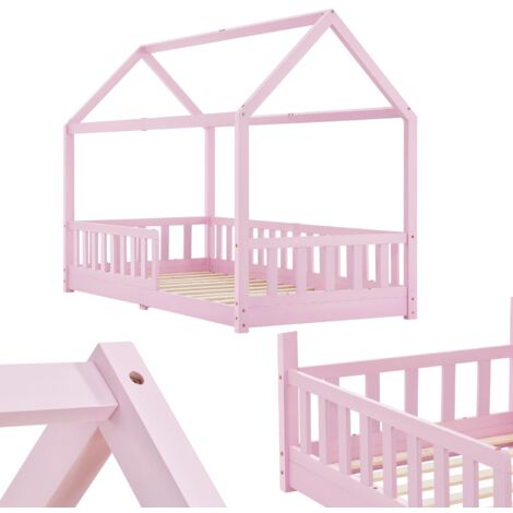 Juskys Kinderbett Marli 90 x 200 cm mit Rausfallschutz, Lattenrost und Dach - Massivholz Hausbett für Kinder - Bett in Rosa