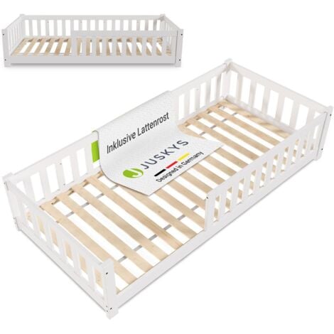 Juskys Kinderbett Naya - Bett mit Rausfallschutz & Lattenrost - Holz Bodenbett für Kinder 3 -10 Jahre - modernes Bettgestell Weiß - 90x200 cm