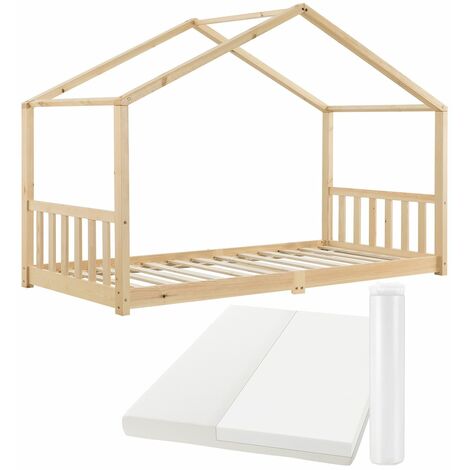 Juskys Kinderbett Paulina 90 x 200 cm mit Matratze, Lattenrost und Dach - Bett für Kinder aus massivem Holz - Hausbett in Natur