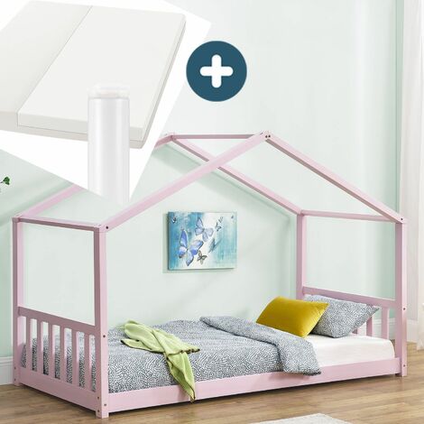 Juskys Kinderbett Paulina 90 x 200 cm mit Matratze, Lattenrost und Dach - Bett für Kinder aus massivem Holz - Hausbett in Rose