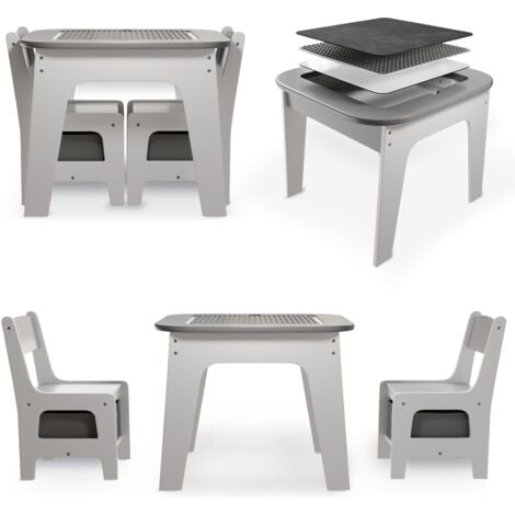 Juskys Kindersitzgruppe Milou - Set mit 2 Stühlen & 1 Tisch - Kindertisch Holz - Spieltisch mit Stauraum - Sitzgruppe für Kinder, Maltisch - Grau