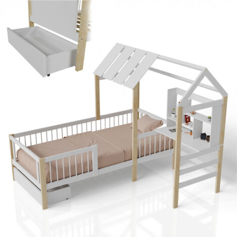 Juskys Lit bébé Yari - Bureau intégré, tiroir pratique, cadre en pin massif, facile d'entretien, modulable - blanc/nature