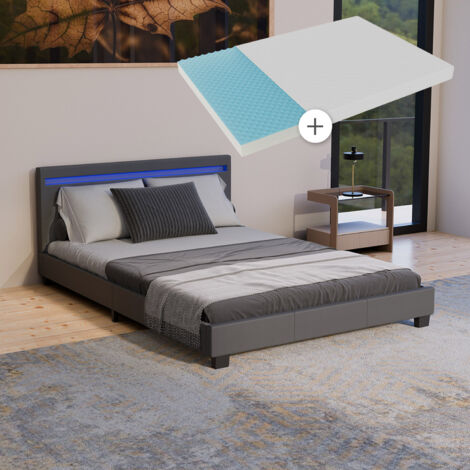 Juskys Lit d'appoint Paris 140 x 200 cm avec matelas, sommier, éclairage LED et tête de lit - Similicuir et bois - Cadre de lit, lit pour adolescent - gris