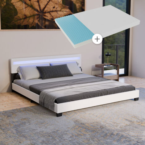 Juskys Lit d'appoint Paris 180 x 200 cm avec matelas, sommier, éclairage LED et tête de lit – cuir synthétique et bois – cadre de lit double – blanc