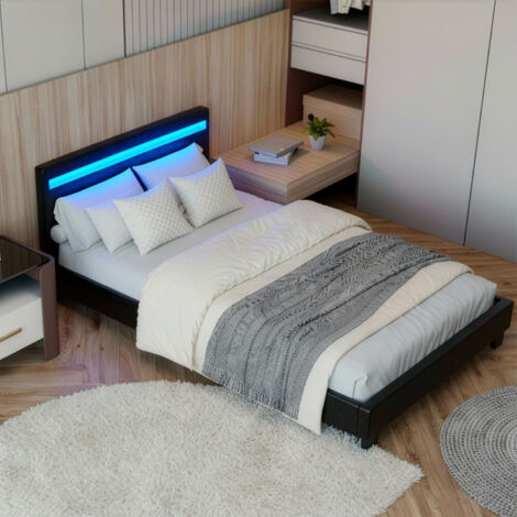 Juskys Lit d'appoint Paris – Cadre de lit avec éclairage LED, sommier et tête de lit – Lit en bois et en faux cuir – Lit pour adolescent 120 x 200 cm en noir