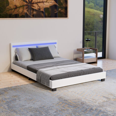 Juskys Lit d'appoint Paris – cadre de lit moderne avec éclairage LED, sommier et tête de lit – cuir synthétique et bois – lit simple – 140×200 cm blanc