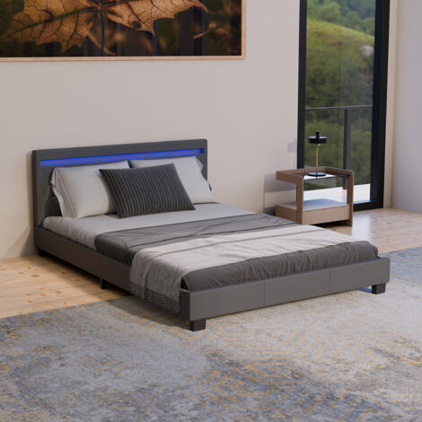 Juskys Lit d'appoint Paris – cadre de lit moderne avec éclairage LED, sommier et tête de lit – simili cuir et bois – lit simple – 140×200 cm gris
