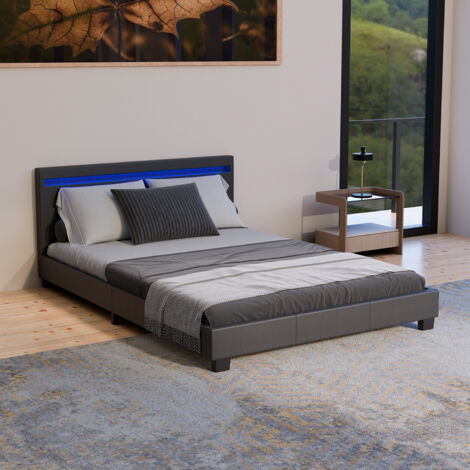 Juskys Lit d'appoint Paris – cadre de lit moderne avec éclairage LED, sommier et tête de lit – simili cuir et bois – lit simple – 140×200 cm noir