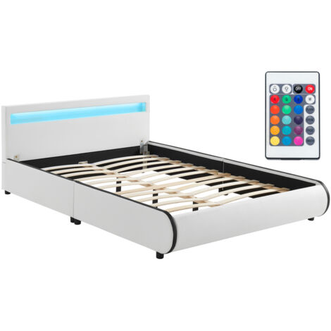 Juskys Lit d'appoint Sevilla – Cadre de lit avec sommier et éclairage LED dans la tête de lit – Simili cuir et bois – Lit pour adolescent - 140 x 200 cm - blanc