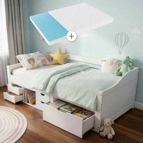 Juskys Lit de fonction Nalu 90x200 cm - Lit en bois avec matelas, sommier et tiroirs - Lit de rangement pour enfants - Lit pour adolescents, enfant - Blanc
