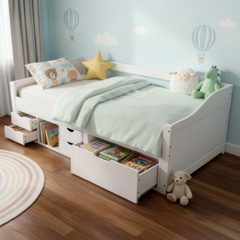Juskys Lit de fonction Nalu 90x200 cm - Lit en bois avec sommier et tiroirs - Lit de rangement pour enfants - Lit pour adolescents, lit pour enfants, lit d'appoint - Blanc