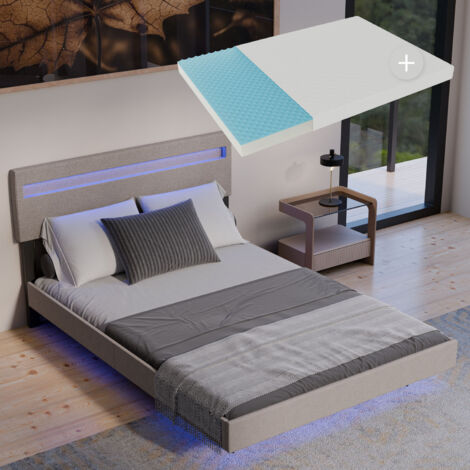 Juskys Lit suspendu Lisbonne - avec matelas, design flottant & éclairage LED, aspect lin, dossier réglable en hauteur - 140 x 200 cm, beige