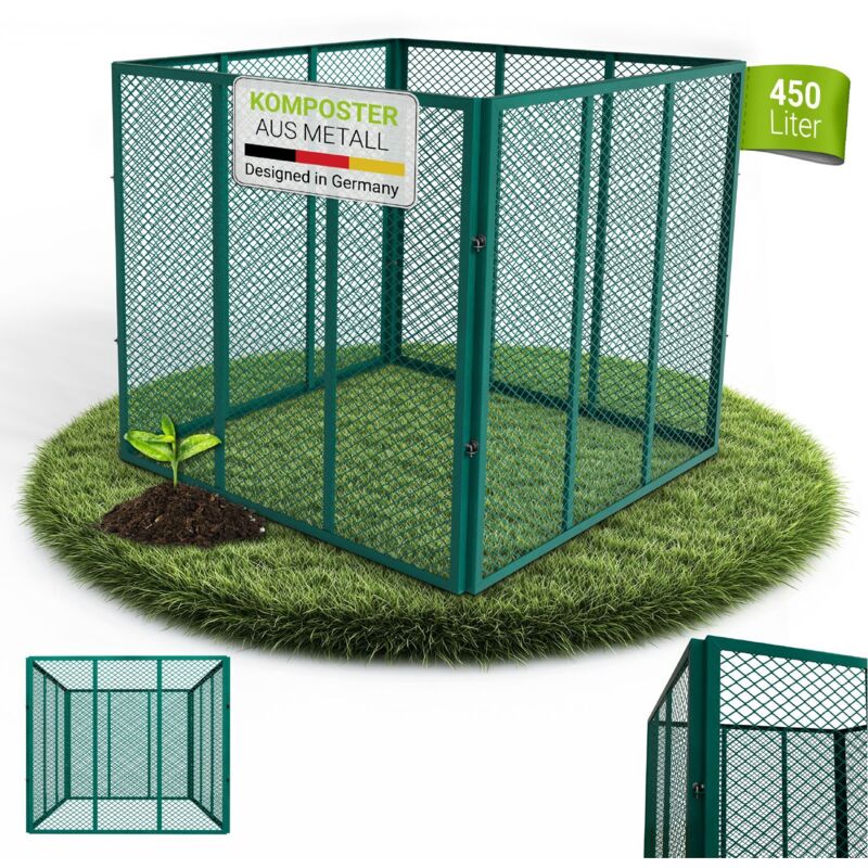Metall Komposter 450 L, Gitterkomposter Mit Stecksystem, Rostfrei, Ideal Für Gartenabfälle & Küchenreste, Verzinkter Stahl – Dunkelgrün - Juskys