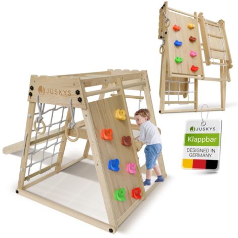 Juskys Mini Klettergerüst für Kinder - Indoor Spielplatz mit Rutsche, Kletterwand, Kletternetz & Turnringe - Holz Kletterturm klappbar - Natur - klein