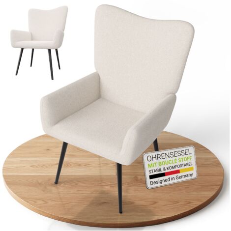 Juskys Ohrensessel Odense Beige ohne Hocker, Relaxsessel mit hoher Lehne & Armlehnen, Bouclé , bequem & stabil mit pulverbeschichtetem Stahl