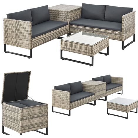 Juskys Outdoor Polyrattan Lounge Santorini - Gartenlounge mit Beistelltisch & Auflagenbox - Gartenmöbel Set Rattan Sitzecke wetterfest - Grau-meliert