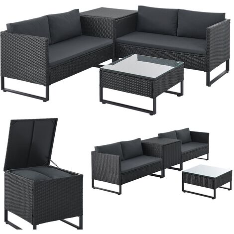 Juskys Outdoor Polyrattan Lounge Santorini - Gartenlounge mit Beistelltisch & Auflagenbox - Gartenmöbel Set Rattan Sitzecke wetterfest - Schwarz