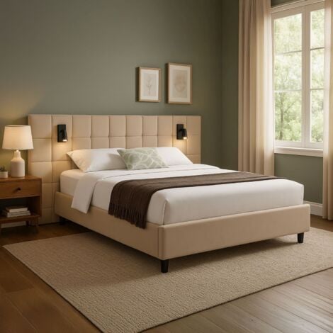 Juskys Polsterbett Luzano - Bett mit LED, Lattenrost & Kopfteil - Modernes Bettgestell aus Holz & Samt - Doppelbett, Samtbett - 140x200 cm, Beige