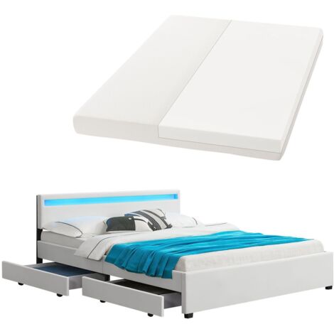 Juskys Polsterbett Lyon 180 x 200 cm mit Bettkasten, LED Beleuchtung, Lattenrost & Matratze - Kunstleder & Holz – Bett Bettgestell Doppelbett weiß