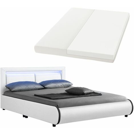 Juskys Polsterbett Murcia 140 x 200 cm mit LED Beleuchtung, Lattenrost, Matratze & Kopfteil - Kunstleder & Holz – Bett Bettgestell Jugendbett weiß