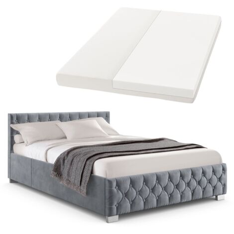 Juskys Polsterbett Nizza 140x200 cm mit Matratze - Bettgestell mit Lattenrost, Stauraum & LED Beleuchtung – Samtbezug, Chesterfield-Steppung - Grau