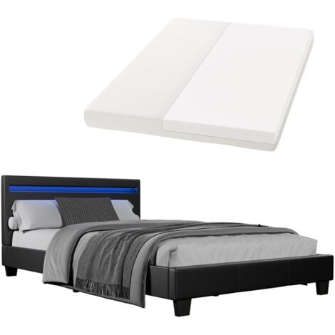 Juskys Polsterbett Paris 120x200 cm Bettgestell inkl. LED-Beleuchtung, Lattenrost & Matratze schwarz Kunstleder Einzelbett Jugendbett