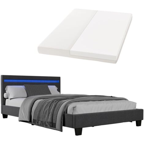 Juskys Polsterbett Paris 120x200 cm Bettgestell inkl. LED-Beleuchtung, Lattenrost & Matratze Webstoff Einzelbett Jugendbett