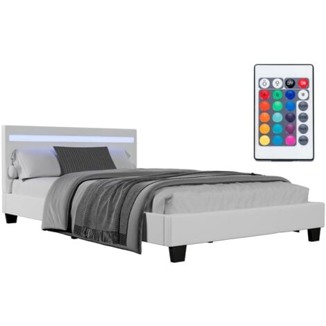 VIDAXL Juskys Polsterbett Verona – Bettgestell mit LED-Beleuchtung, Lattenrost & Kopfteil – Bett aus Holz & Kunstleder – Jugendbett 120 x 200 cm in Weiß