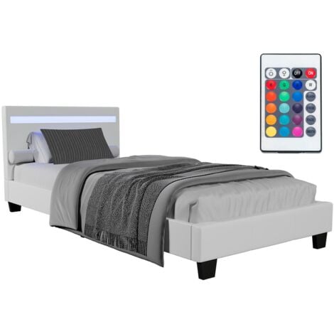 VIDAXL Juskys Polsterbett Verona – Bettgestell mit LED-Beleuchtung, Lattenrost & Kopfteil – Bett aus Holz & Kunstleder – Jugendbett 90 x 200 cm in Weiß