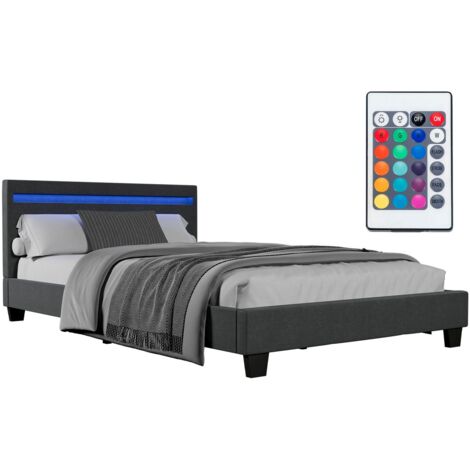Juskys Polsterbett Paris – Bettgestell mit LED-Beleuchtung, Lattenrost & Kopfteil – Bett aus Holz & Webstoff – Jugendbett 120 x 200 cm in Grau