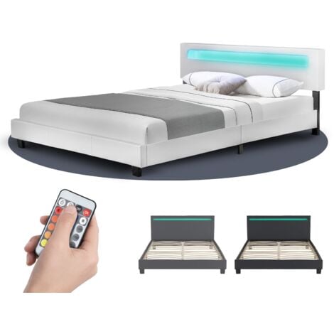 Juskys Polsterbett Paris 140x200 / 160×200 / 180x200 cm – Bettgestell mit LED Beleuchtung, Lattenrost & Kopfteil – Kunstleder & Holz – Bett Doppelbett