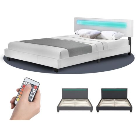 Juskys Polsterbett Paris – modernes Bettgestell mit LED Beleuchtung, Lattenrost & Kopfteil – Kunstleder & Holz – Bett Einzelbett – 140×200 cm grau