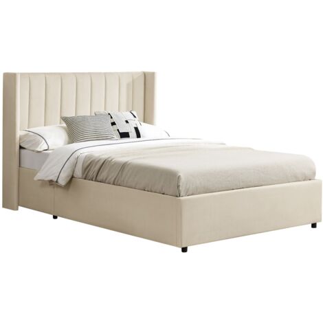 Juskys Polsterbett Savona 120x200 cm - Bett mit Stauraum, Lattenrost, Samt-Bezug - Bettgestell aus Holz, bis 250 kg, großes Kopfteil - Beige