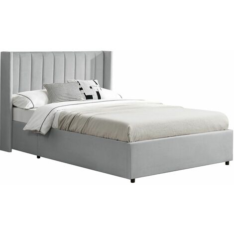 Juskys Polsterbett Savona 120x200 cm - Bett mit Stauraum, Lattenrost, Samt-Bezug - Bettgestell aus Holz, bis 250 kg, großes Kopfteil - Hellgrau