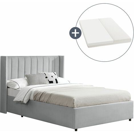 Juskys Polsterbett Savona 120x200 cm mit Matratze - Bett mit Stauraum, Samt-Bezug - Bettgestell aus Holz, bis 250 kg, großes Kopfteil - Hellgrau