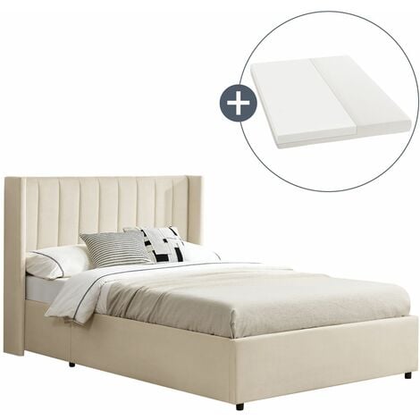 Juskys Polsterbett Savona 140x200 cm mit Matratze - Bett mit Stauraum, Samt-Bezug - Bettgestell aus Holz, bis 250 kg, großes Kopfteil - Beige