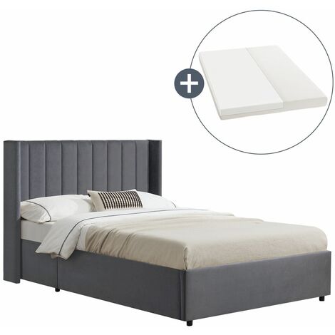 Juskys Polsterbett Savona 140x200 cm mit Matratze - Bett mit Stauraum, Samt-Bezug - Bettgestell aus Holz, bis 250 kg, großes Kopfteil - Dunkelgrau